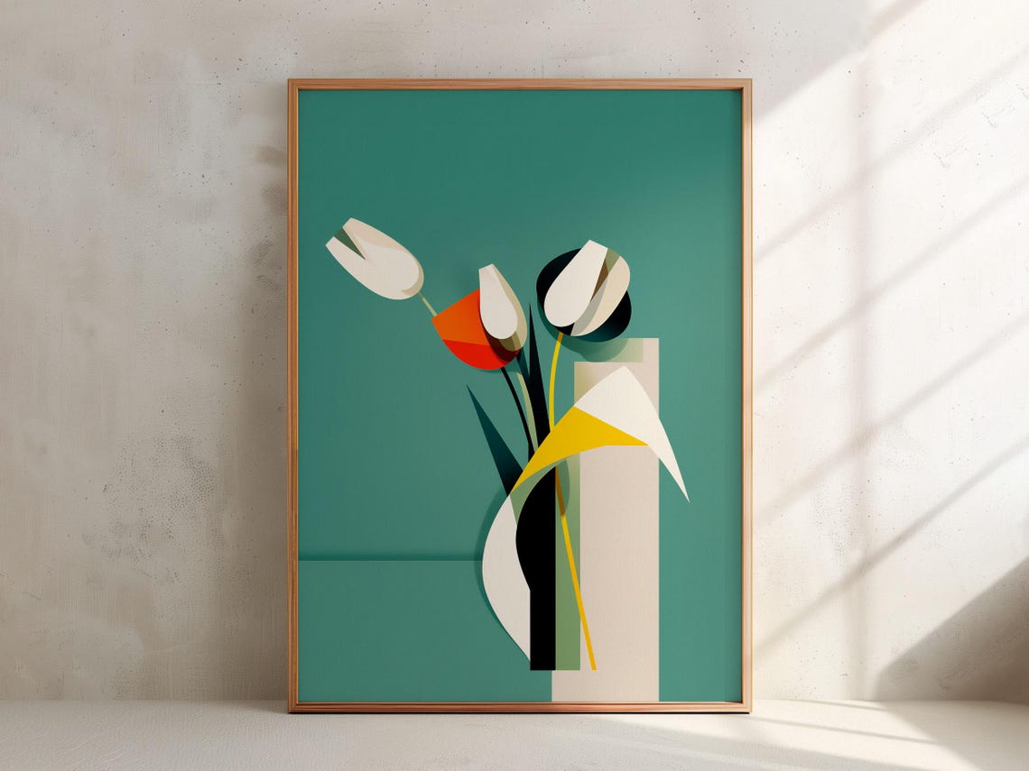 Geometric Tulips Vase Teal Background Cubist Modern Art Poster
