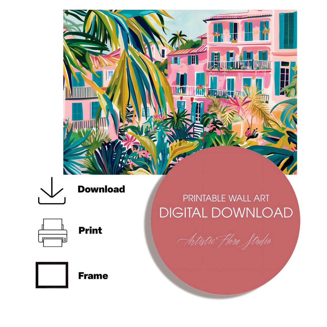 Pink Buildings Teal Shutters Palm Trees Tropical Cityscape Poster - Image 3
