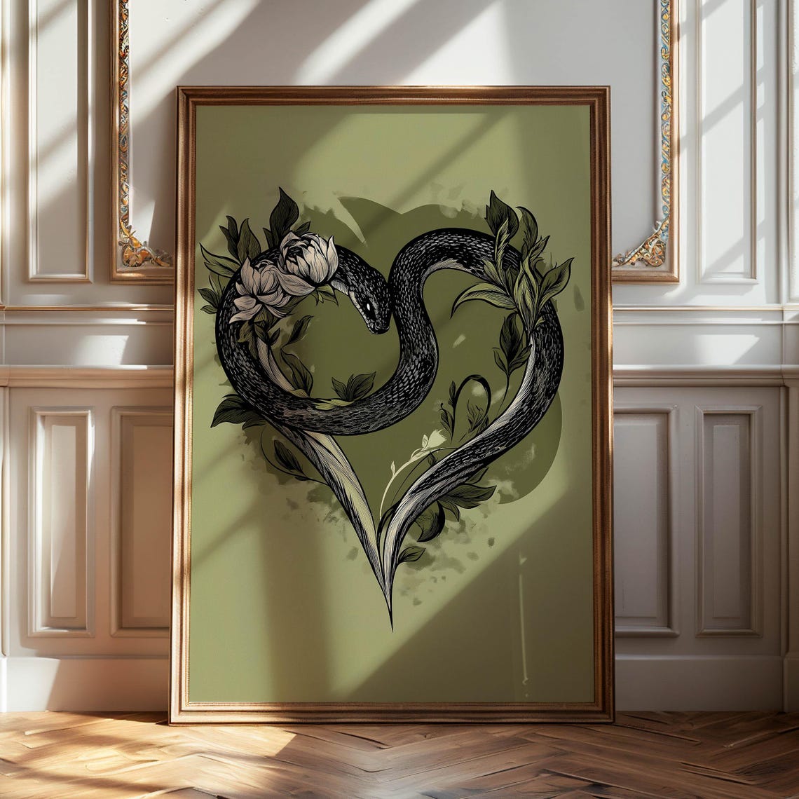 Black Snake Heart Coiled Peony Flowers Sage Green Decor Poster