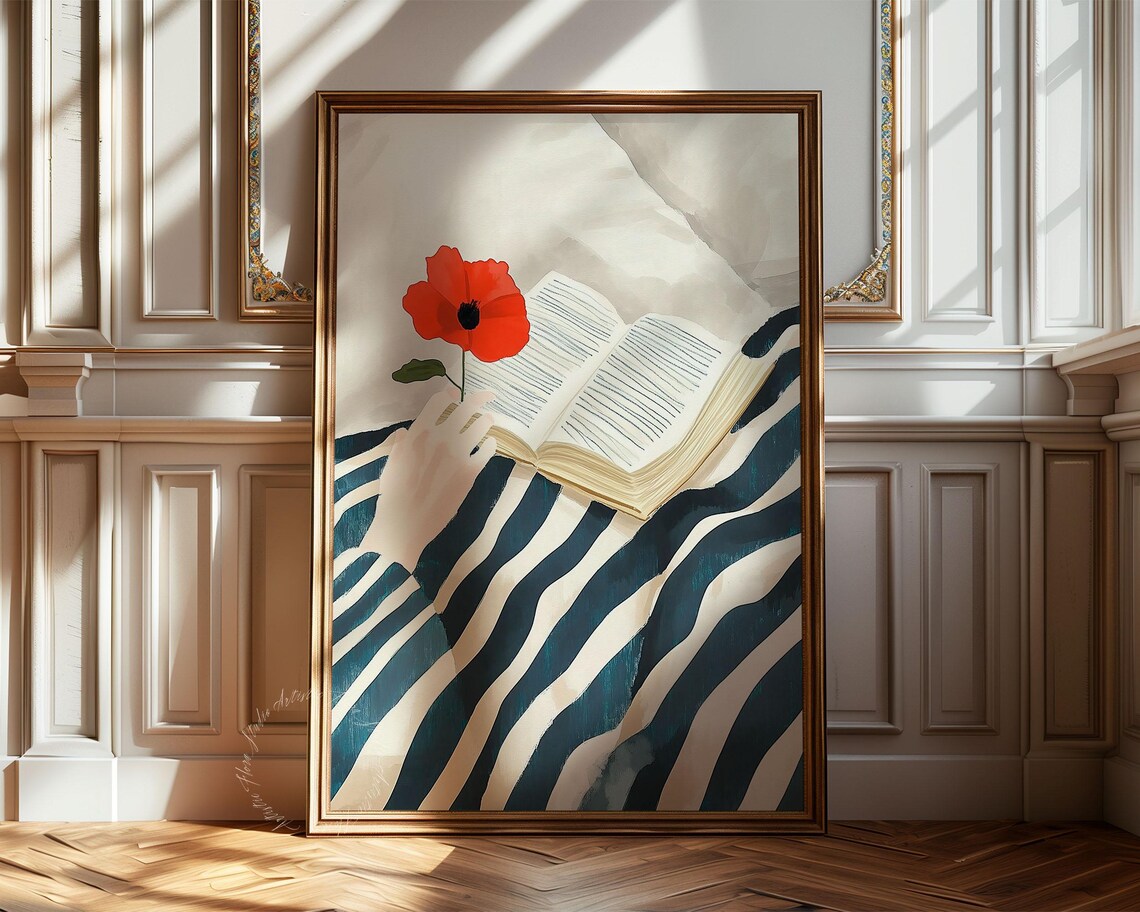 Cozy Woman Reading Book with Red Poppy Striped Shirt Art Poster