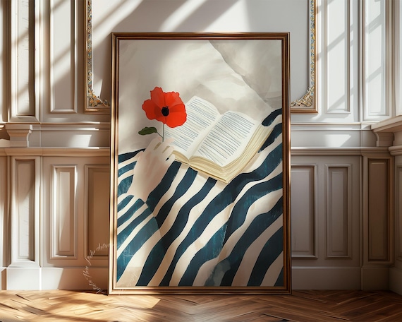 Cozy Woman Reading Book with Red Poppy Striped Shirt Art Poster