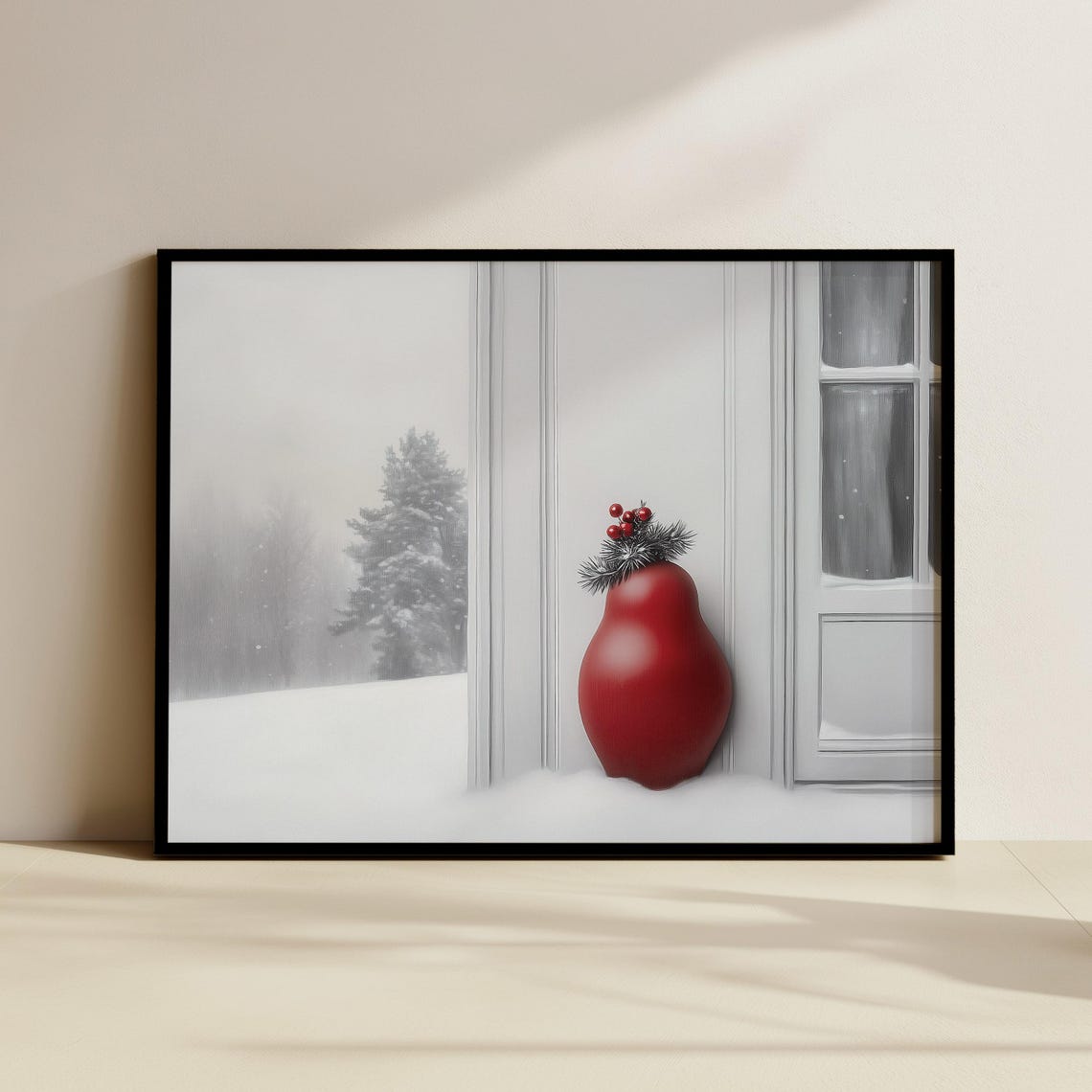 Red Matryoshka Doll Snowing Windowsill Winter Scene Painting Poster