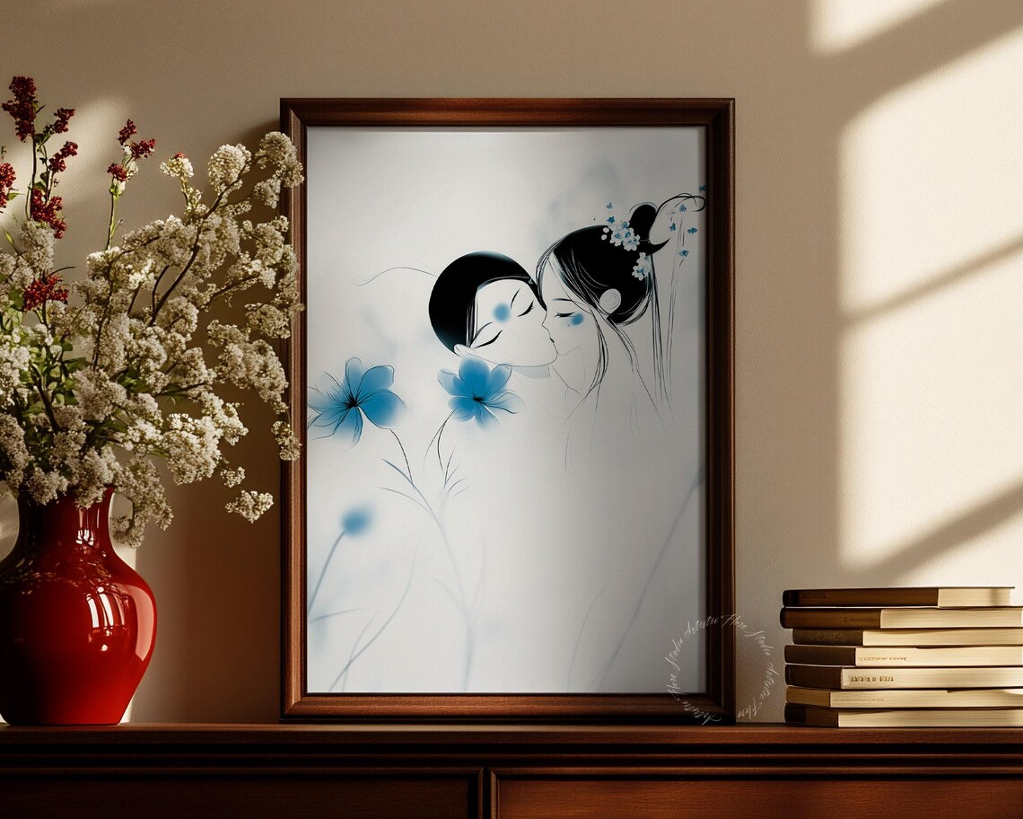 Kissing Couple Blue Flowers Asian Ink Wash Romantic Love Art Poster - Image 3