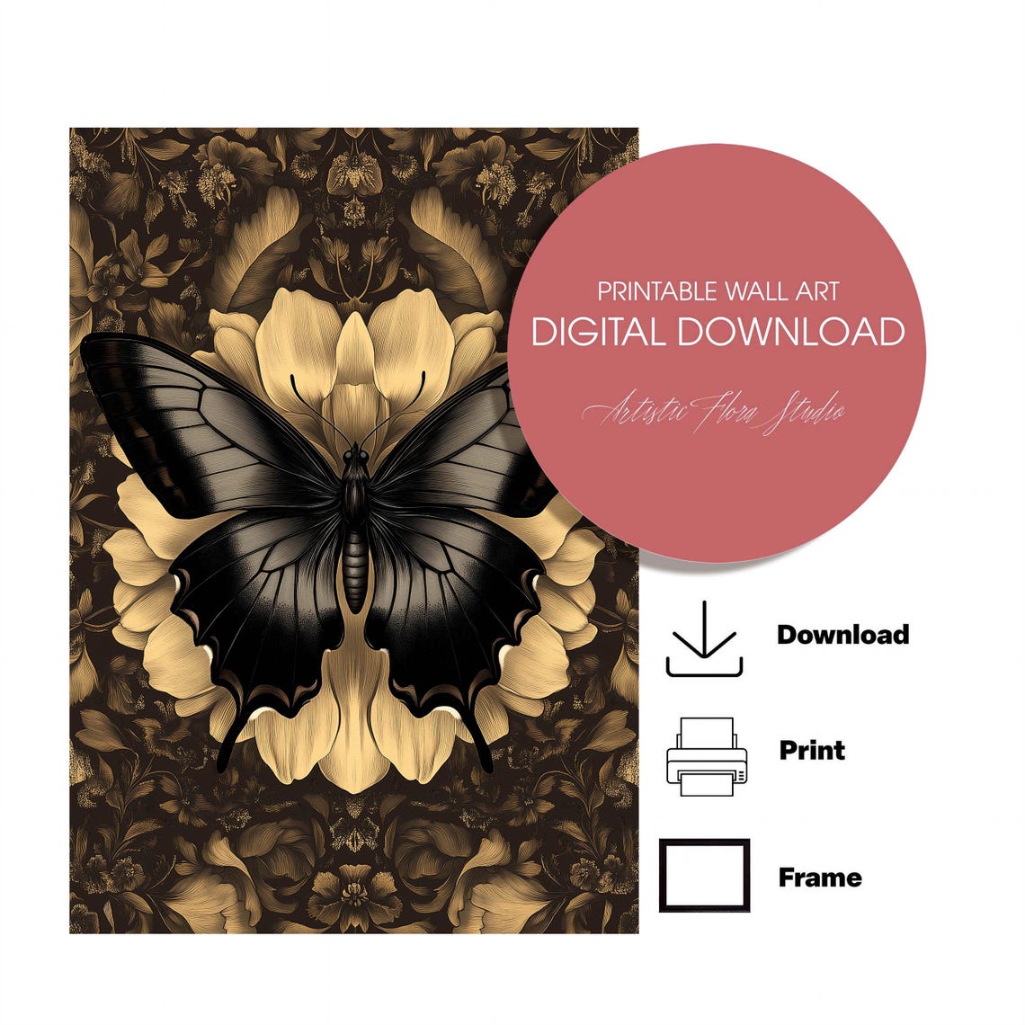 Black Butterfly Golden Bloom Dark Moody Botanical Insect Art Poster - Image 3