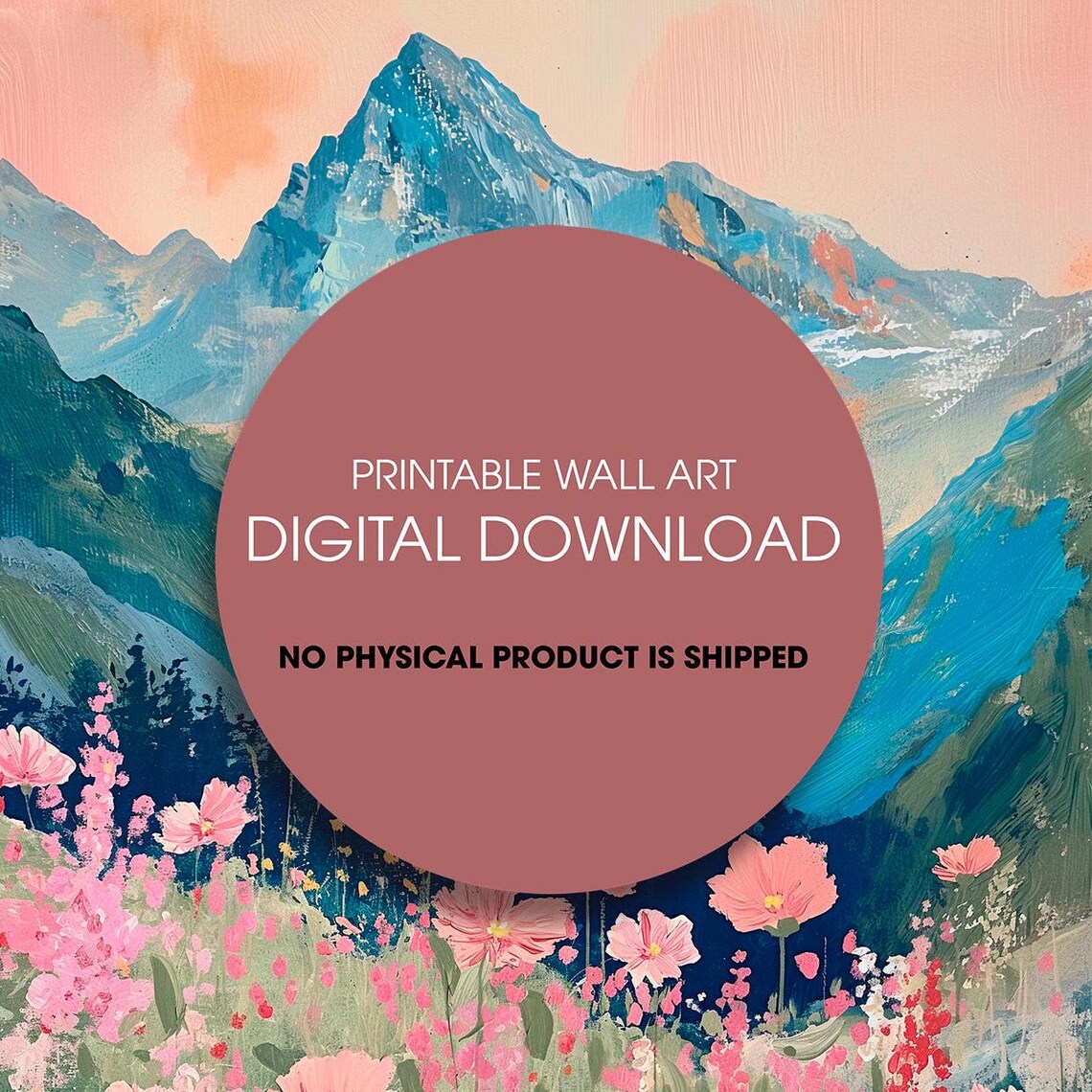 Alpine Mountain Peaks Wildflower Meadow Colorful Oil Painting Poster - Image 2