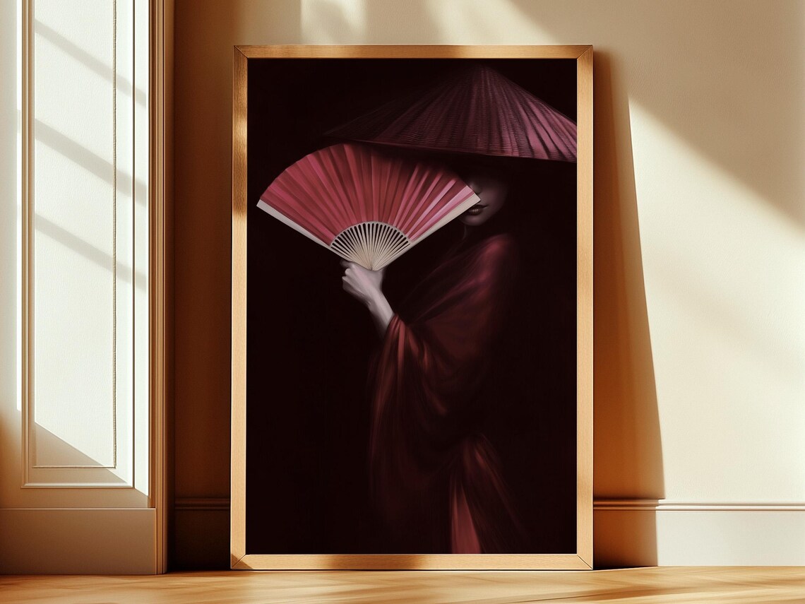 Mysterious Woman With Pink Fan Conical Hat Dark Burgundy Art Poster