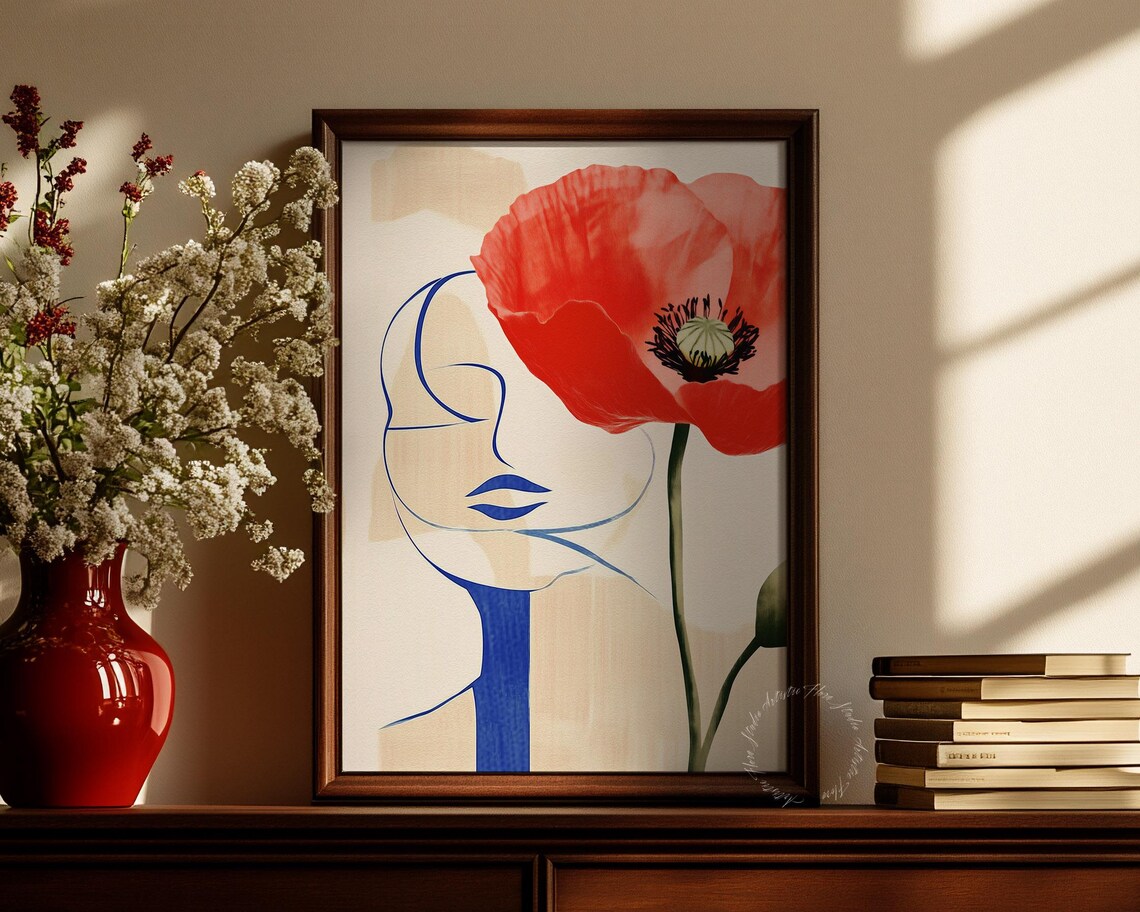 Red Poppy Abstract Woman Face Line Art Modern Floral Wall Poster - Image 3
