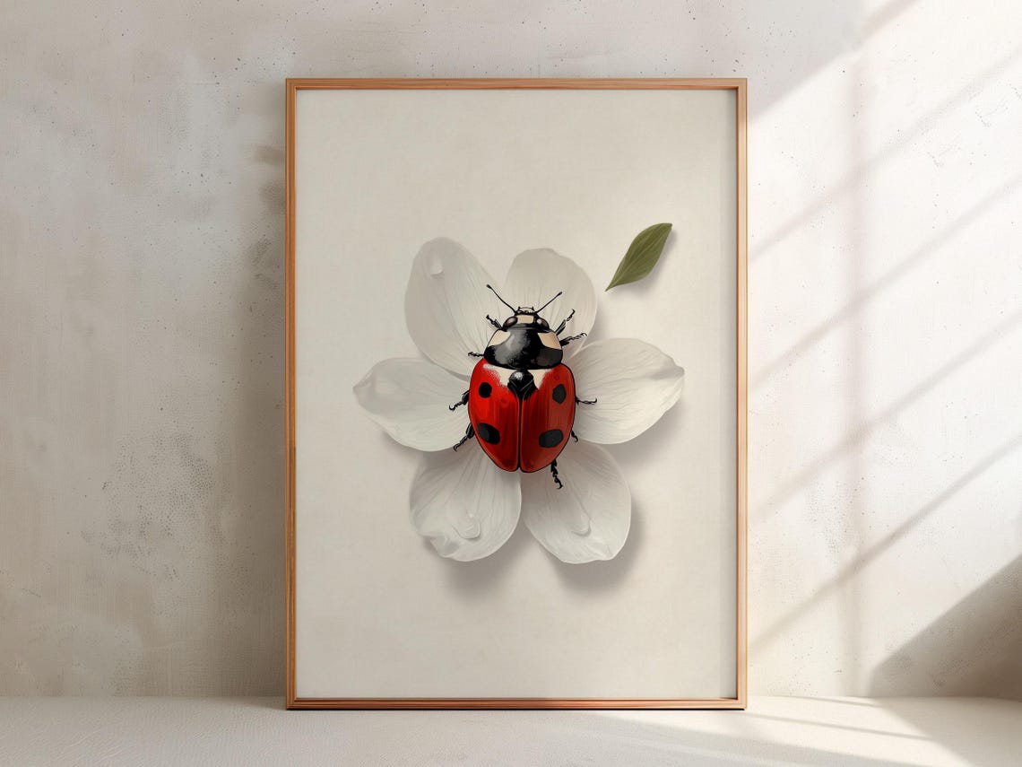 Red Ladybug on White Flower Macro Minimalist Nature Wall Poster