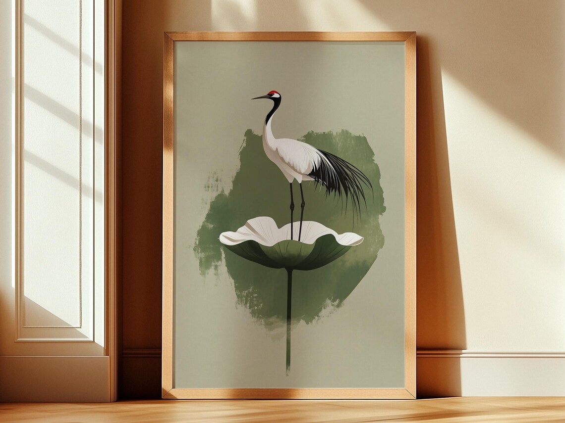 Red Crowned Crane on Lotus Leaf Sage Green Watercolor Poster