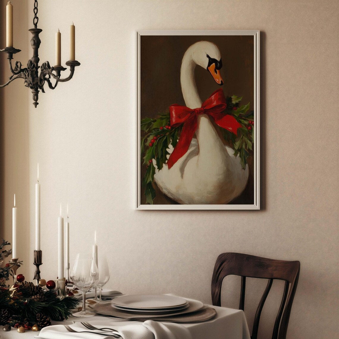 White Swan With Red Bow And Holly Berries Christmas Painting Poster - Image 5