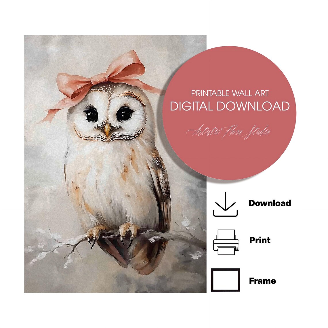 Sweet White Owl Peach Ribbon Bow Winter Bird Portrait Art Poster - Image 3