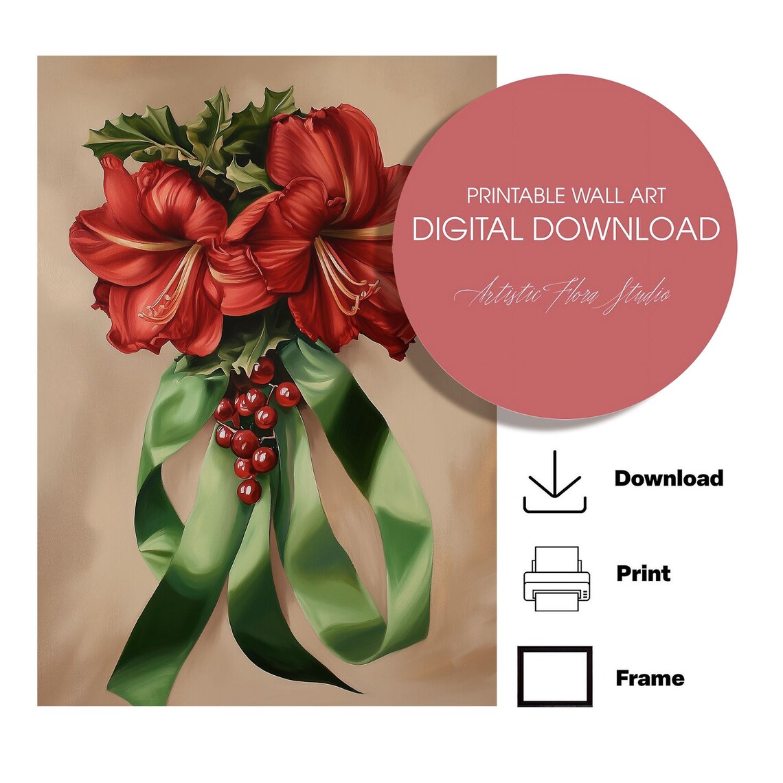 Red Amaryllis Bouquet With Holly Berries And Green Ribbons Poster - Image 2
