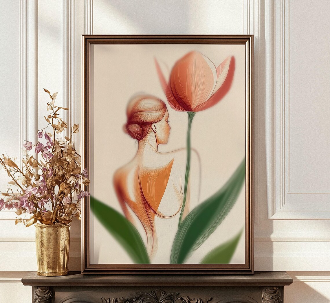 Woman Tulip Line Art Feminine Aesthetic Pink Floral Wall Poster - Image 3