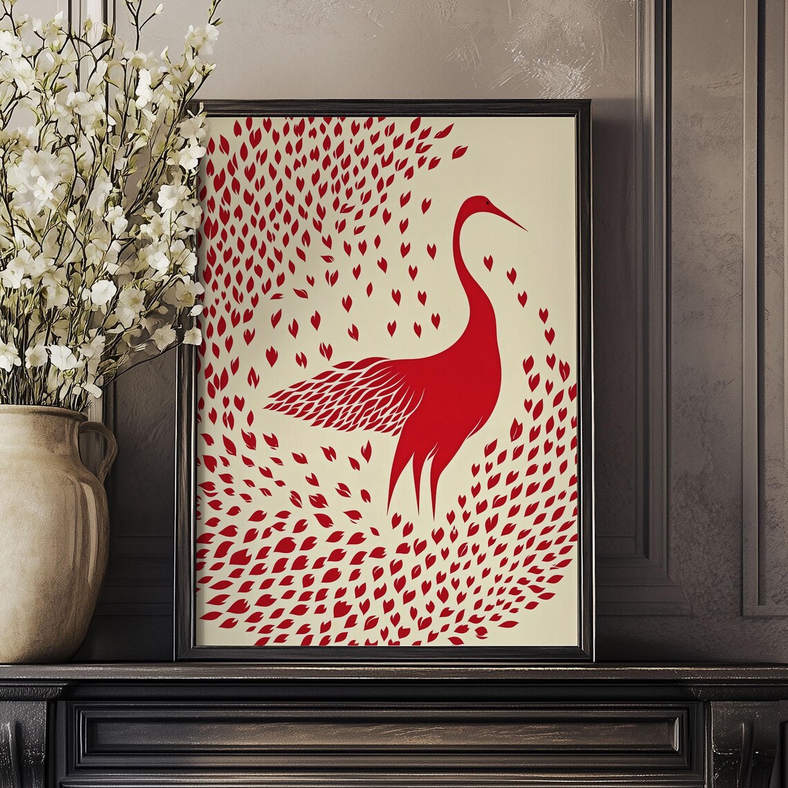 Graceful Red Crane Bird Among Petal Shower Elegant Abstract Poster - Image 4