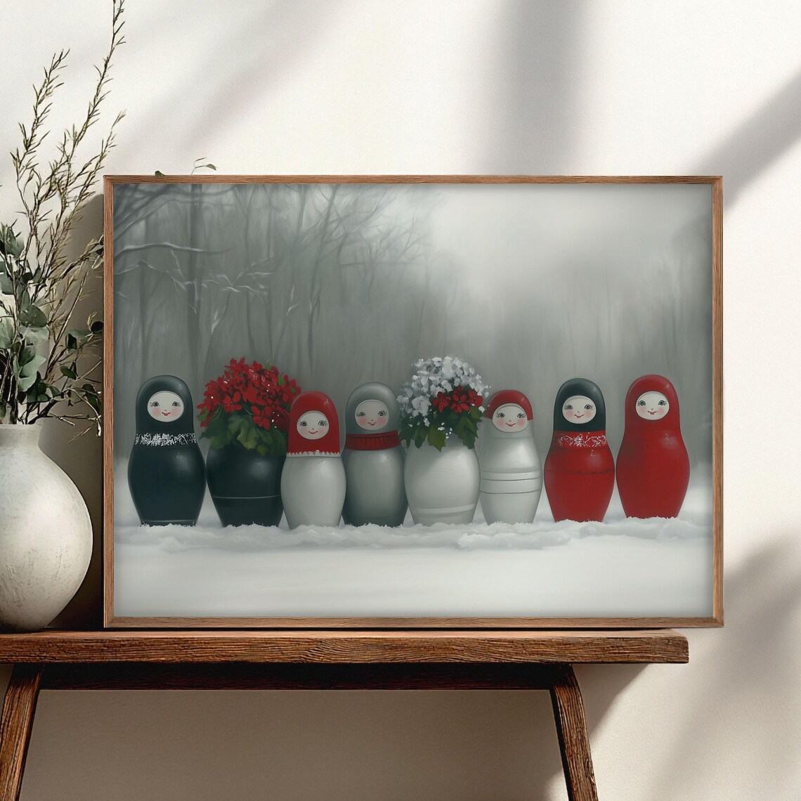 Matryoshka Nesting Dolls With Poinsettias In Snowy Forest Poster