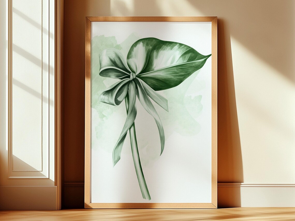 Sage Green Tropical Leaf with Ribbon Bow Botanical Art Poster - Image 3
