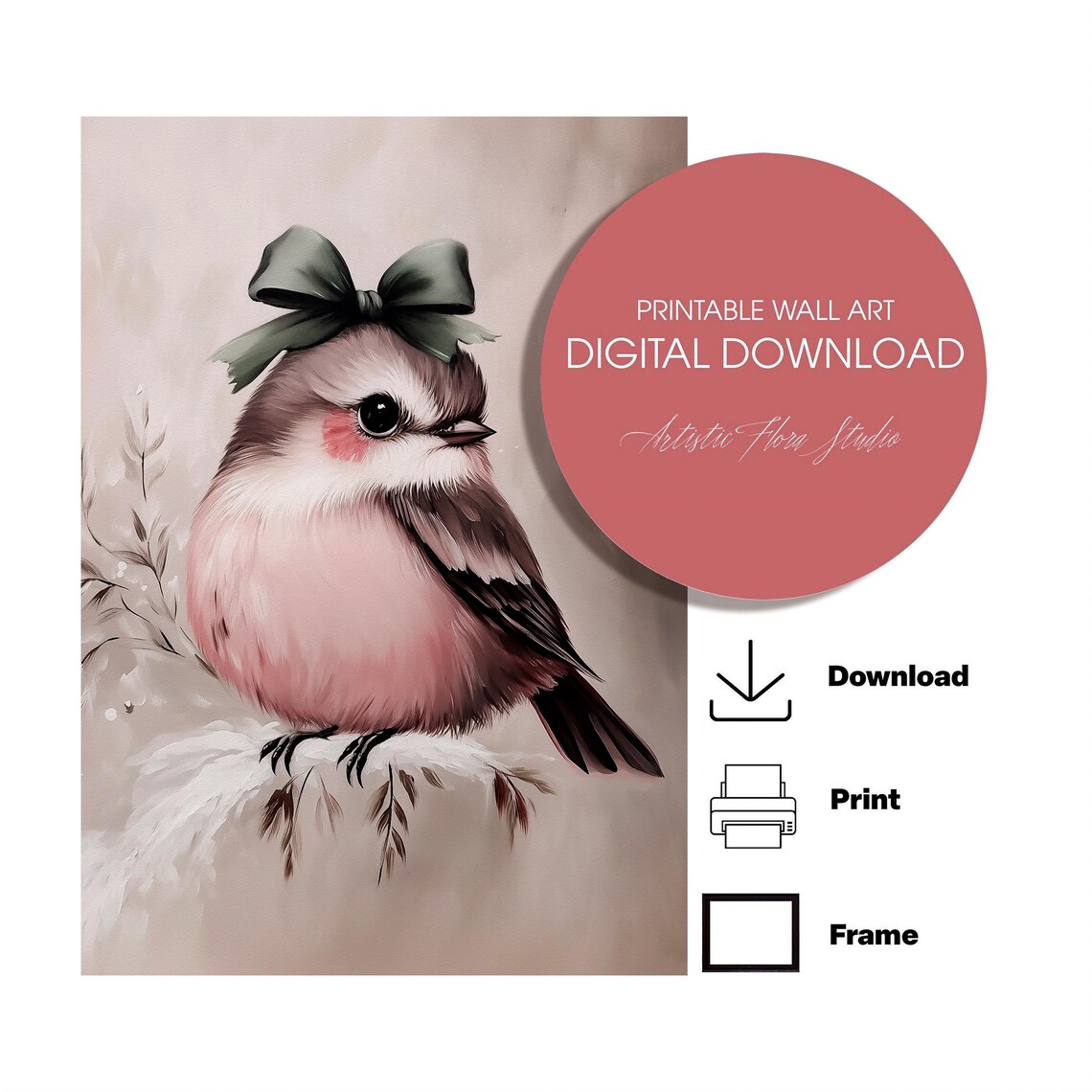 Adorable Round Bird Green Bow Pink Winter Songbird Portrait Poster - Image 3
