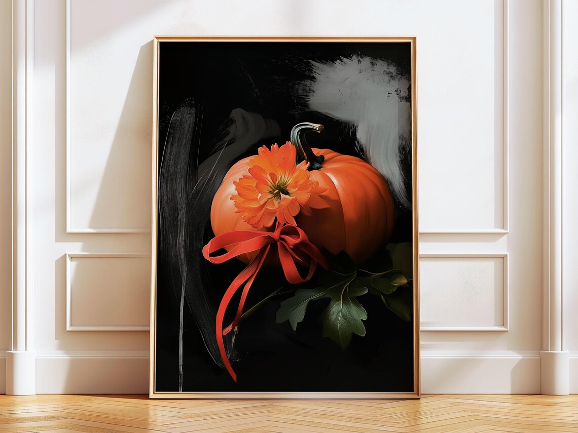 Orange Pumpkin With Red Bow And Dahlia On Black Moody Art Poster - Image 4