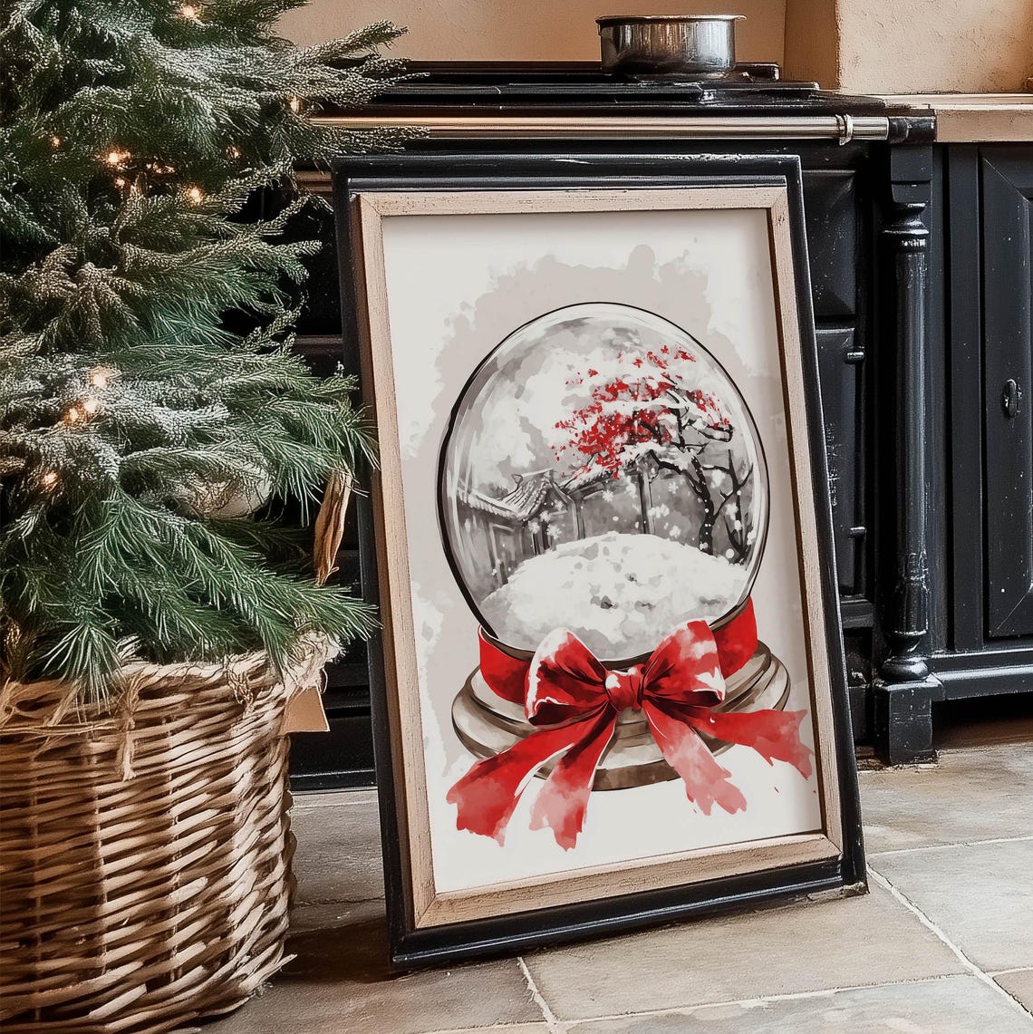 Red Bow Snow Globe With Japanese Pagoda Winter Scene Art Poster - Image 4