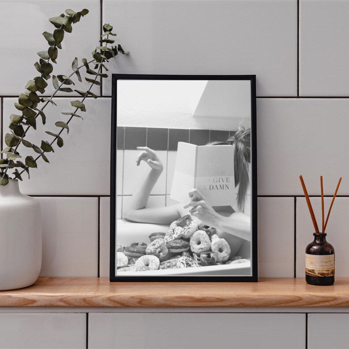 Black and White Woman Bathtub Donuts Too Glam Photo Art Poster
