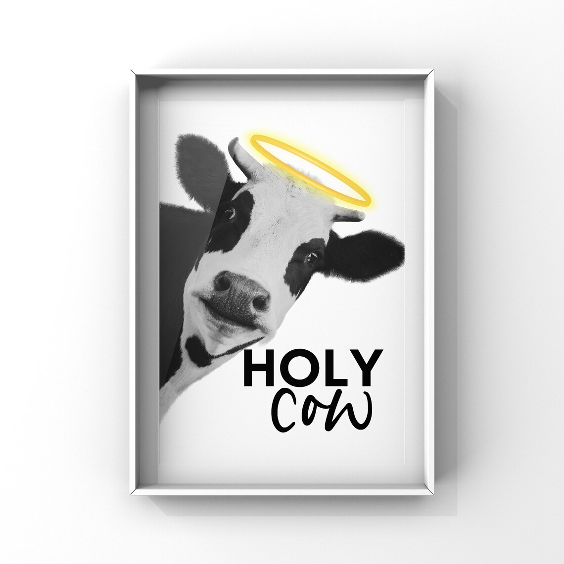 Holy Cow With Glowing Halo Funny Black White Cow Photo Poster - Image 2