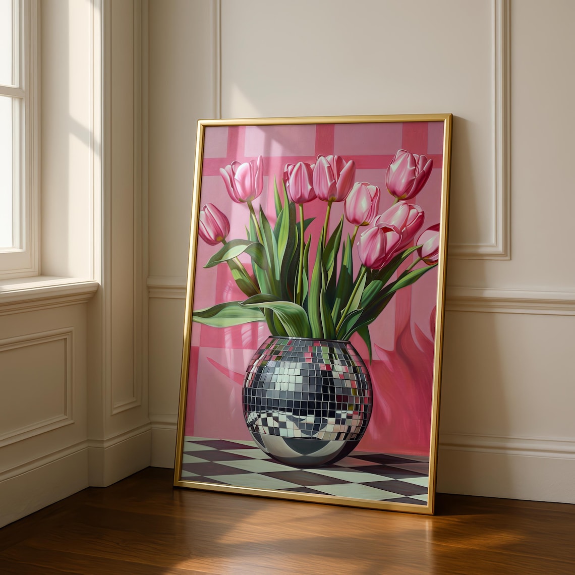 Disco Ball Tulip Pink Print, Maximalist Wall Art