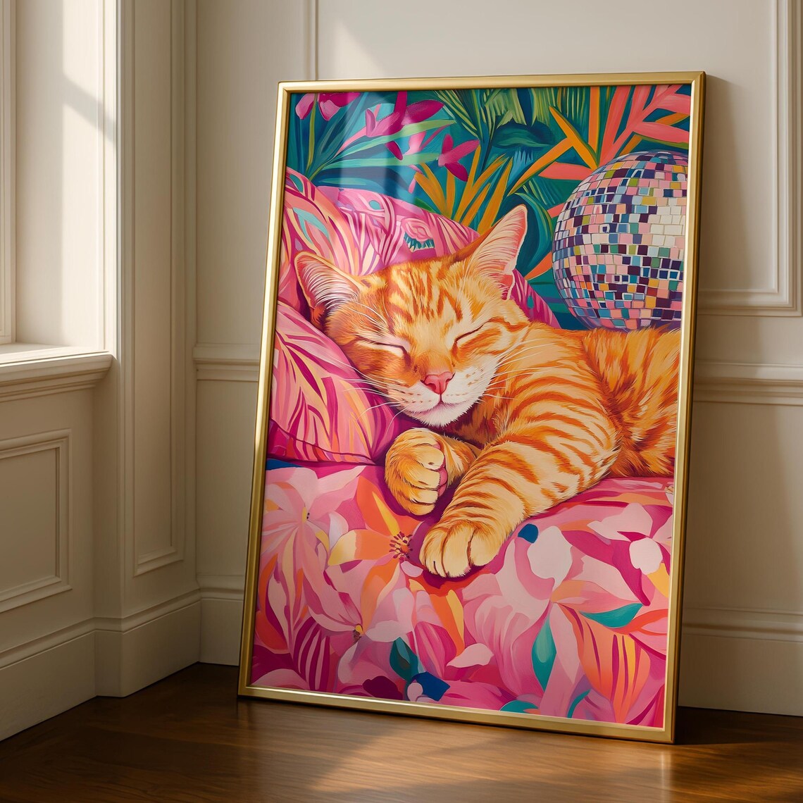 Disco Ball Ginger Cat Art Print, Funky Kitchen