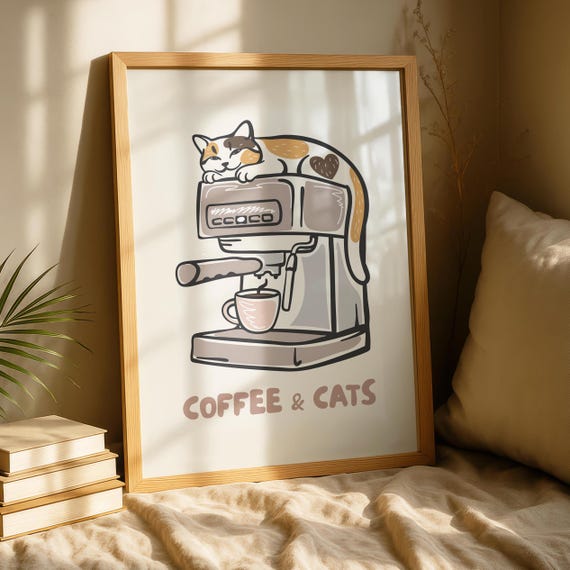 Coffee And Cats Kitchen Print Cafe Breakfast Art Fun Decor