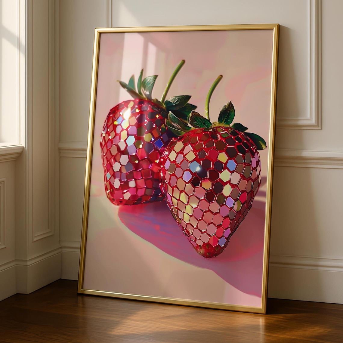 Strawberry Disco Ball Art Print, Fun Kitchen Decor