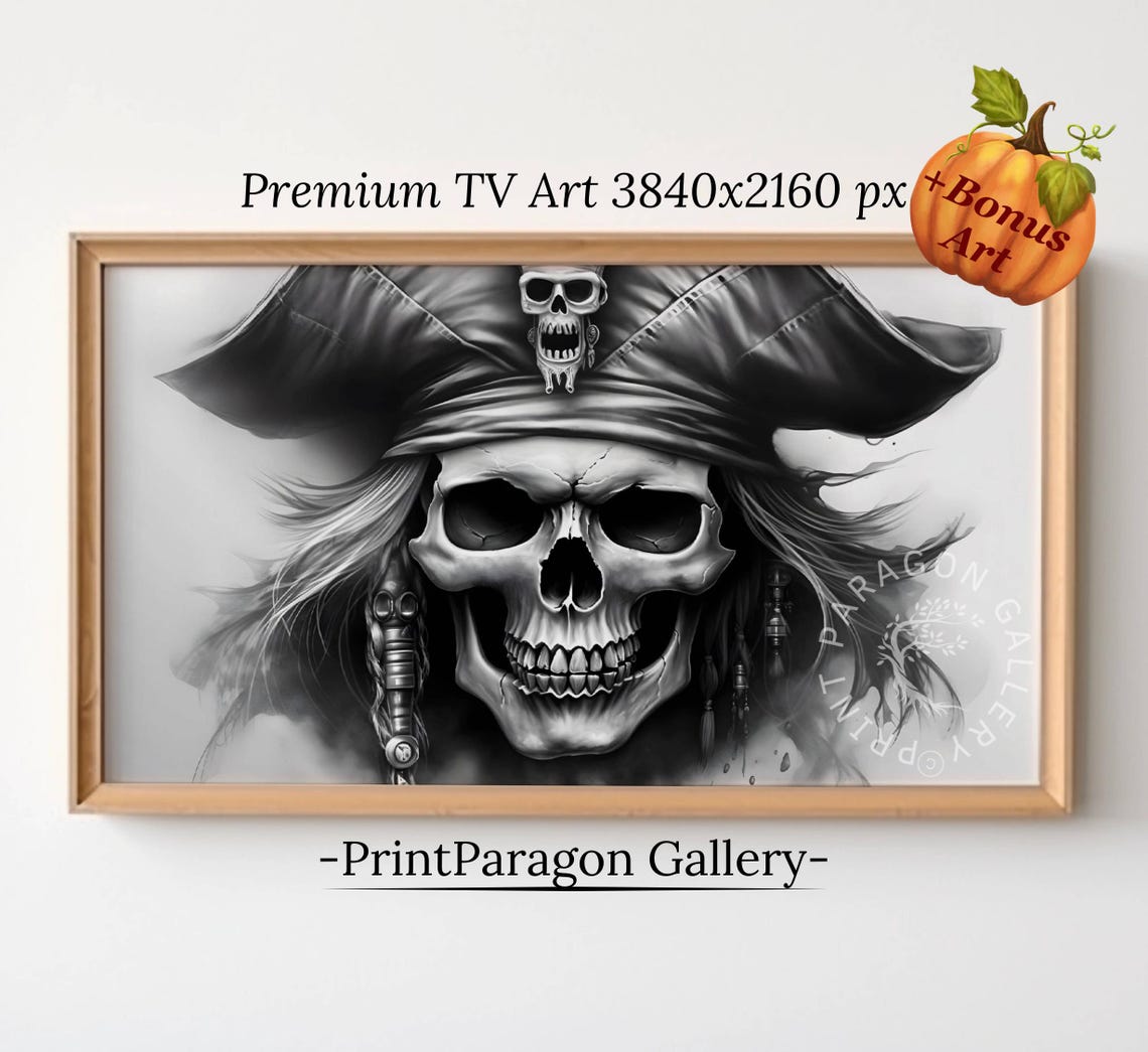 Pirate Skull Tricorn Hat Black White Gothic Skull Frame TV Poster