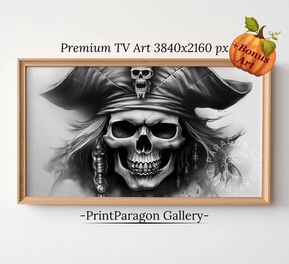 Pirate Skull Tricorn Hat Black White Gothic Skull Frame TV Poster