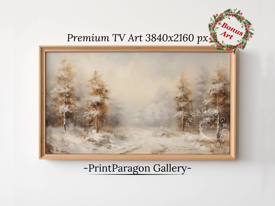 Serene Snowy Winter Forest Painting Cream Tones Quiet Pine Trail Poster