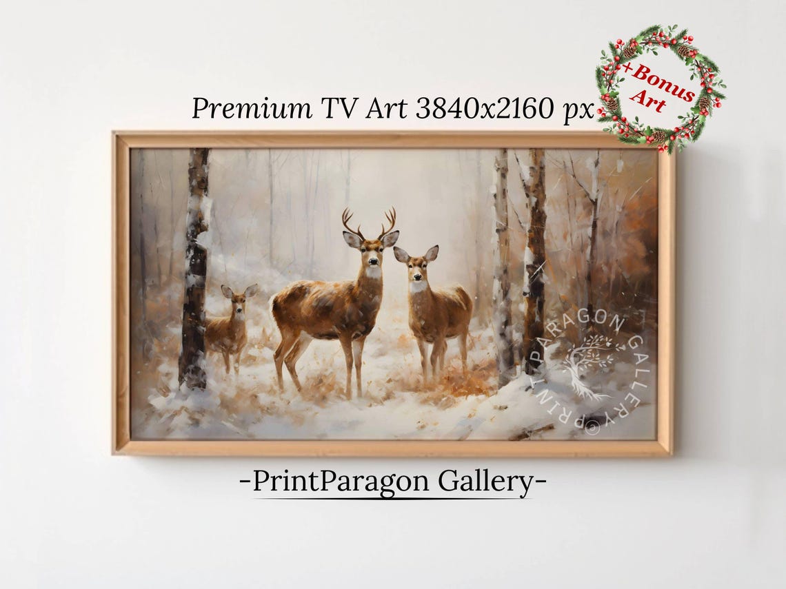 Buck With Two Does in a Snow-Covered Winter Birch Forest Poster