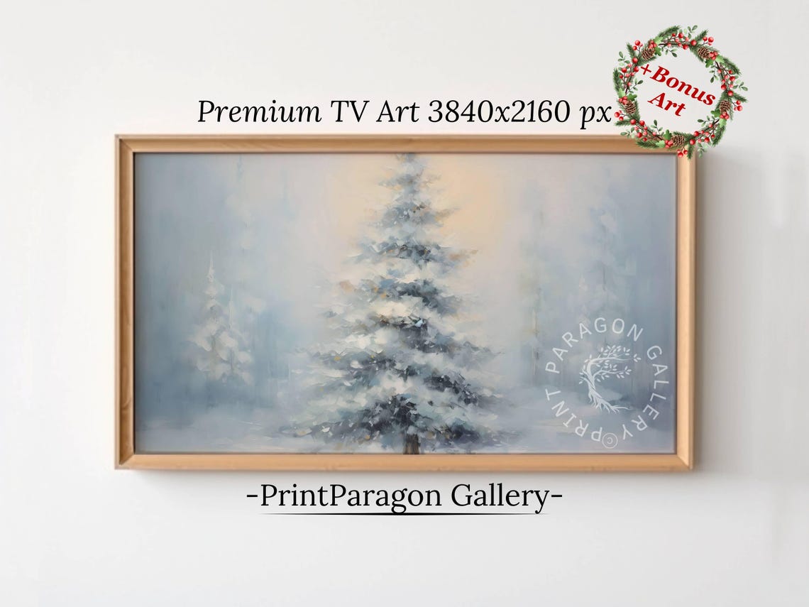 Blue Tinted Snowy Pine Glowing Softly in a Misty Forest Wall Art
