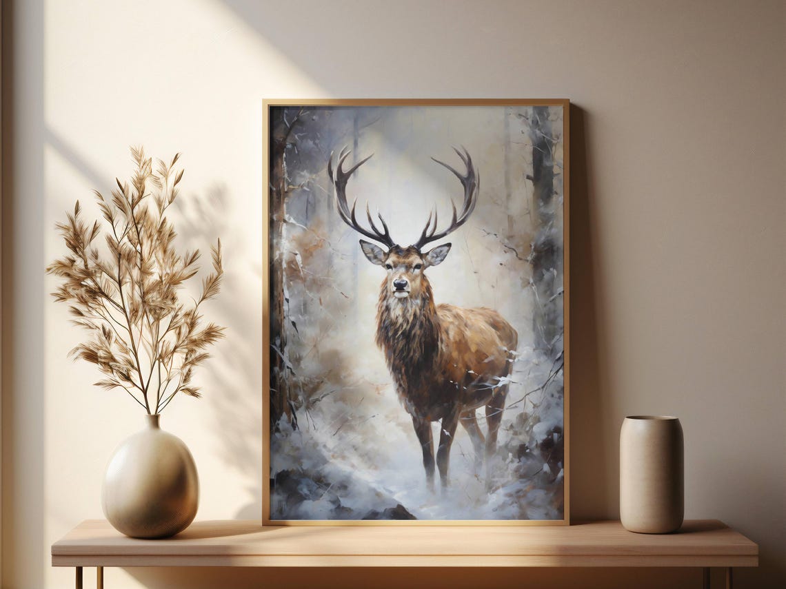 Winter Stag Oil Painting Snowy Forest Deer Print Country Winter Landscape Winter Wall Art Rural Animal Holiday Home Decor - Image 2