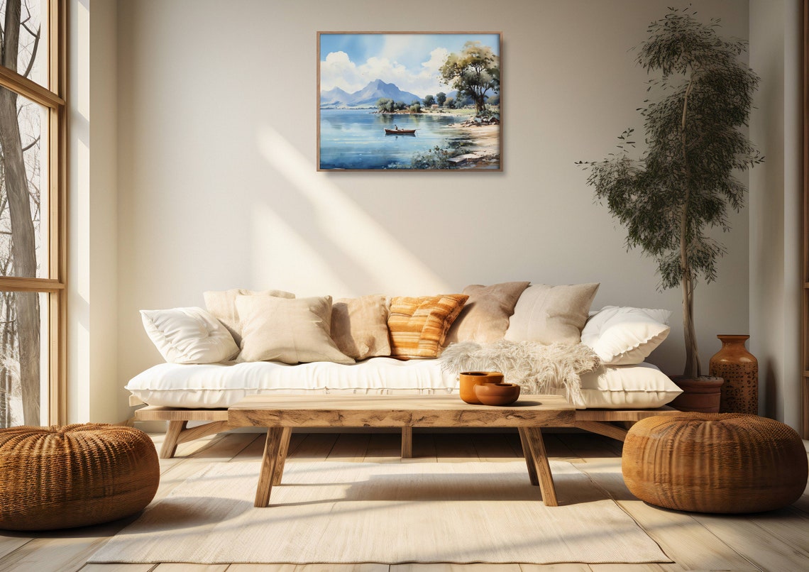 Fisherman Rowing Canoe on Blue Mountain Lake Vibrant Summer Poster - Image 2