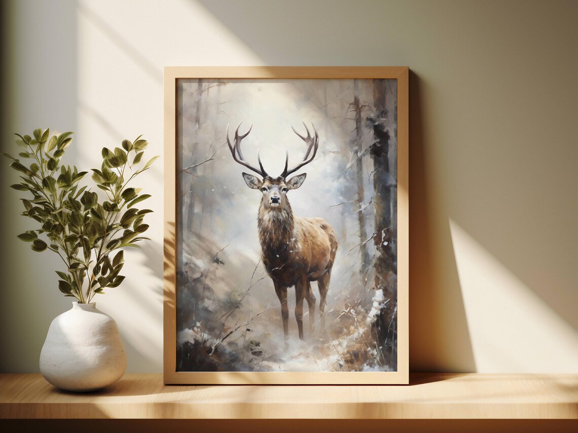 Winter Stag Emerging from Misty Snowy Forest Oil Painting Poster - Image 2