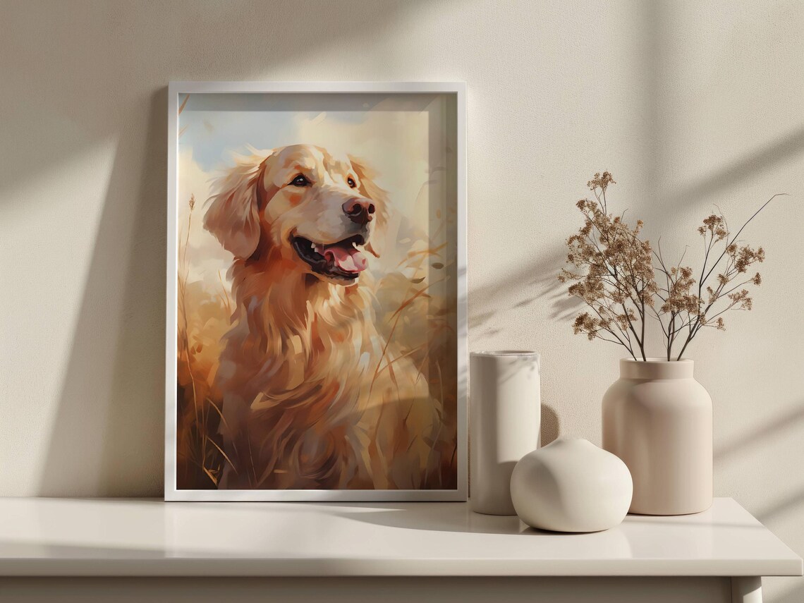 Happy Golden Retriever Portrait Sunlit Dog Oil Painting Art Poster - Image 2
