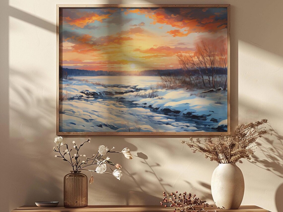 Snowy Winter Stream Sunset Painting Blue Snowfields Orange Cloud Poster - Image 2