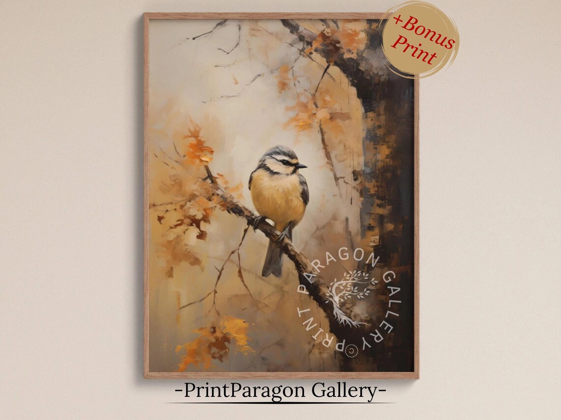 Fall Tree Bird Art Print, Rustic Autumn Landscape