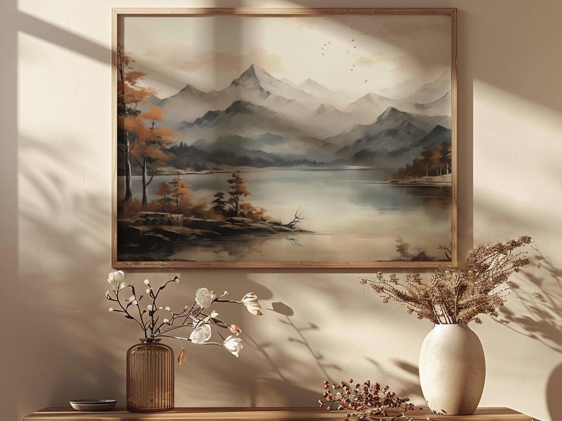 Muted Autumn Mountain Lake Watercolor Painting Misty Peak Reflection Poster - Image 2