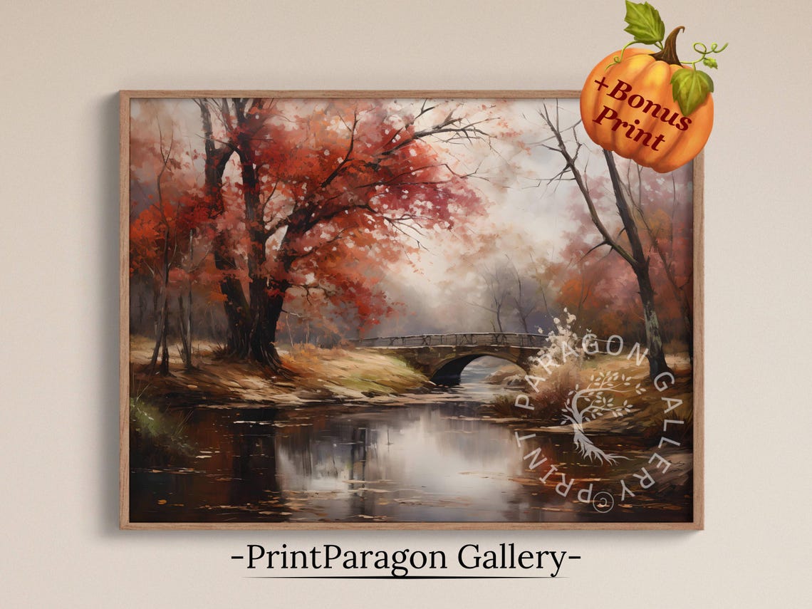 Stone Bridge Over a Calm Stream in a Crimson Autumn Forest Wall Art