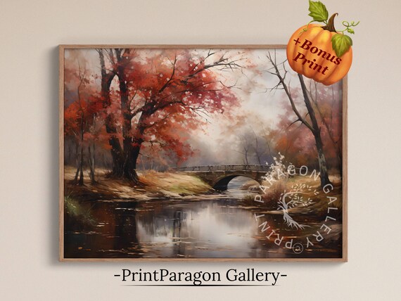 Moody Vintage Forest Wall Art Rural Fall Cottagecore Landscape Autumn Park Painting Rustic Foggy Lake Wall Decor
