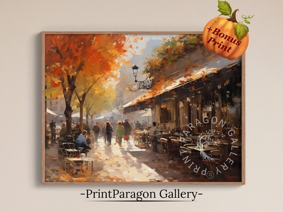Vintage Autumn Town Street Wall Art Fall Town Painting European Fall City Wall Decor Moody Autumn Cityscape