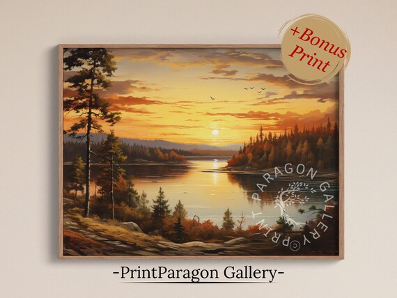 Lake Sunset With Tall Pines and Flying Birds Peaceful Evening Poster