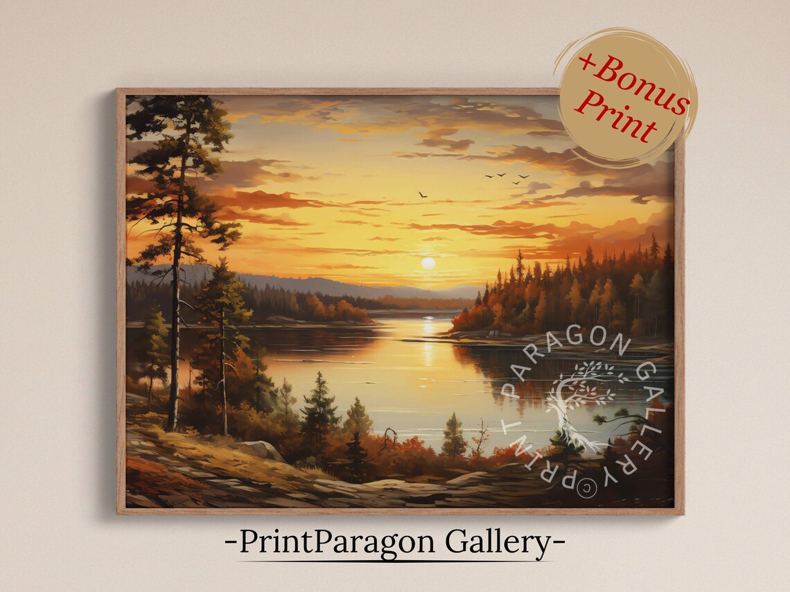 Lake Sunset With Tall Pines and Flying Birds Peaceful Evening Poster