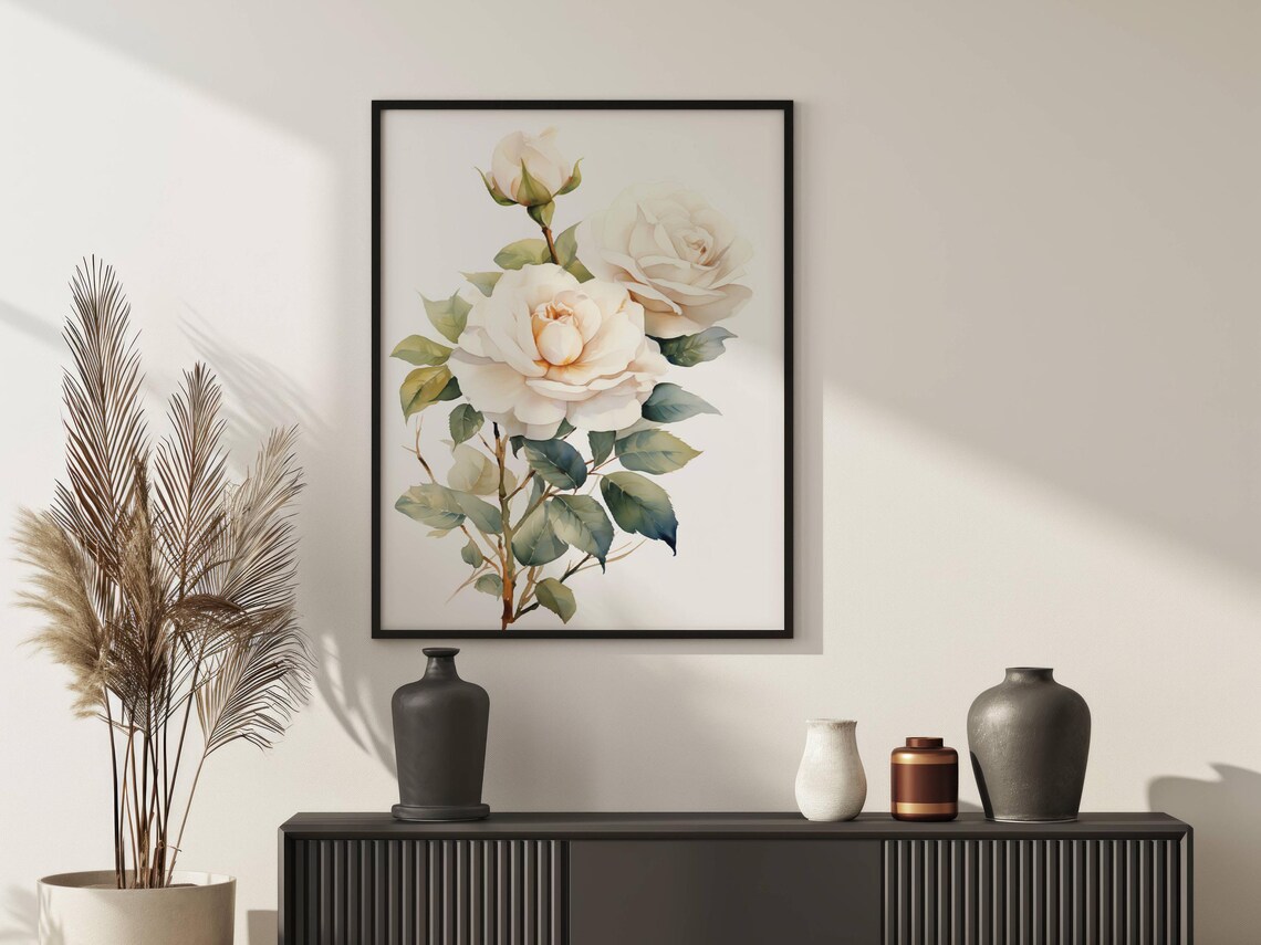 Elegant White Roses Watercolor Fresh Blooms and Buds Art Poster - Image 2