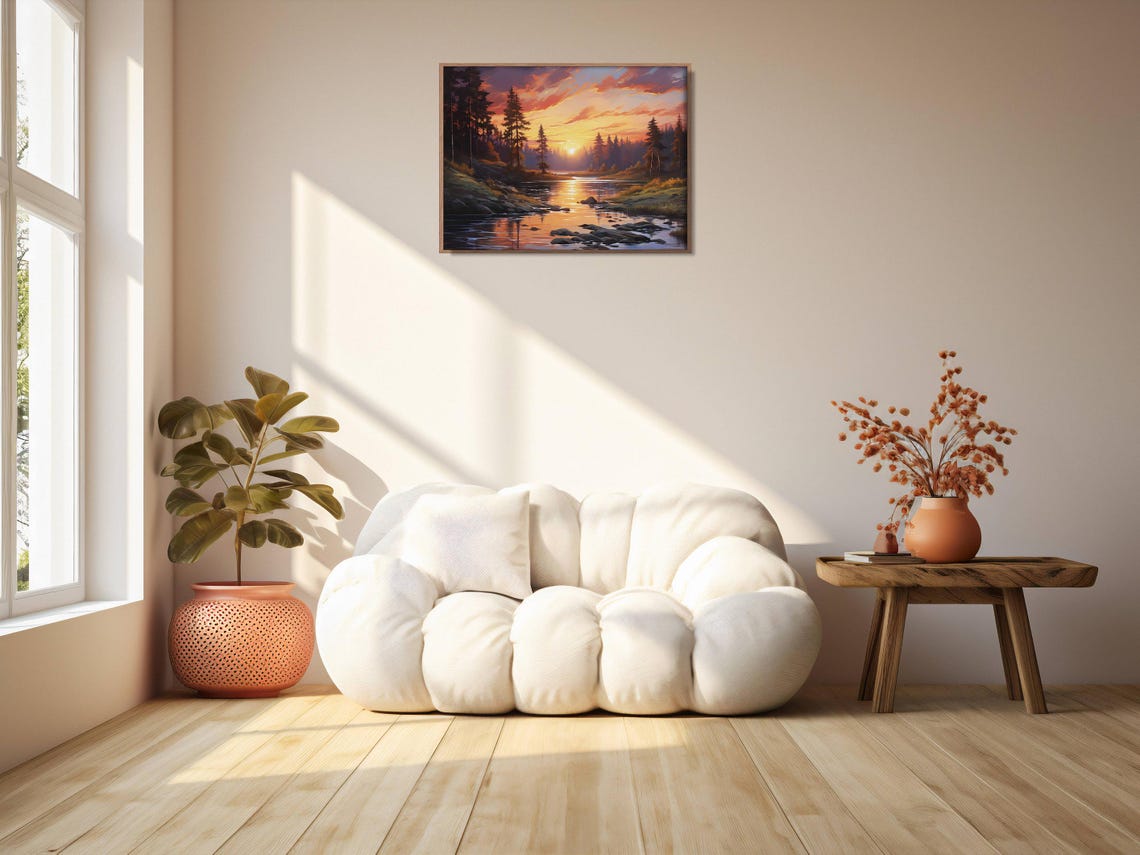 Vivid Orange River Sunset Painting Rocky Pine Bank Reflection Poster - Image 2