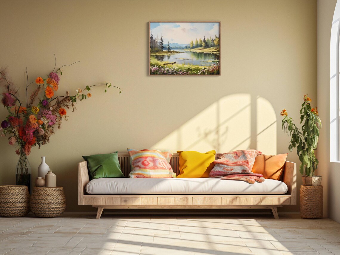 Spring Lake Wildflower Meadow Soft Green Landscape Oil Painting Nature Wall Art - Image 2