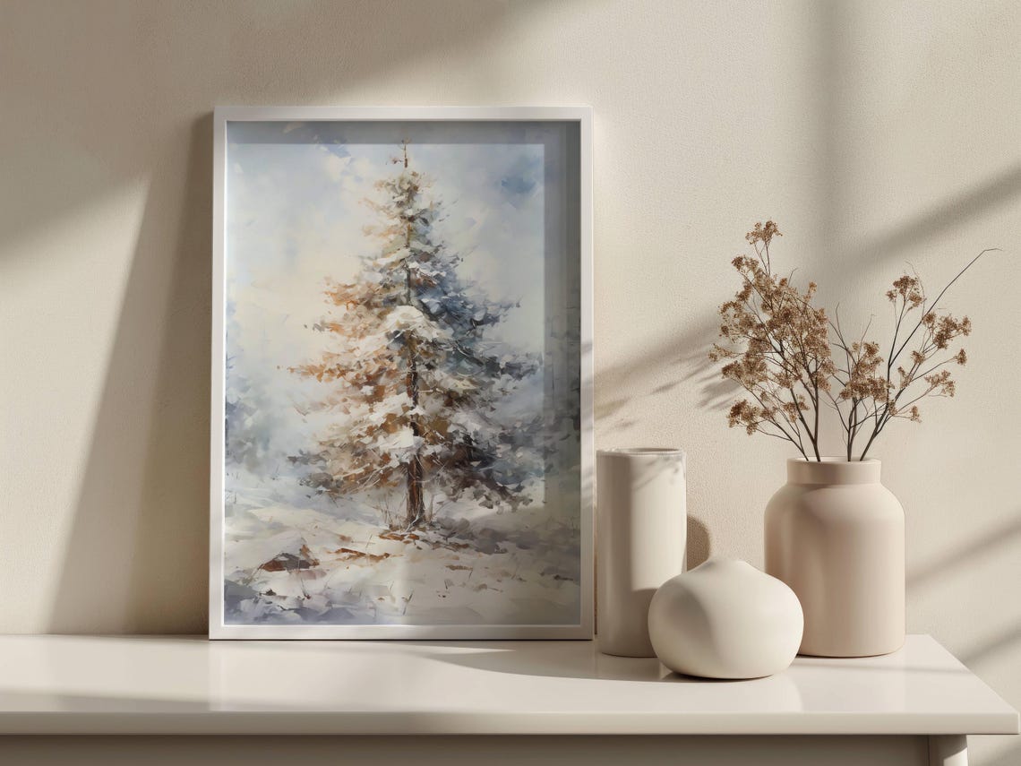 Lone Snowy Pine Tree Winter Watercolor Minimalist Landscape Wall Art - Image 2